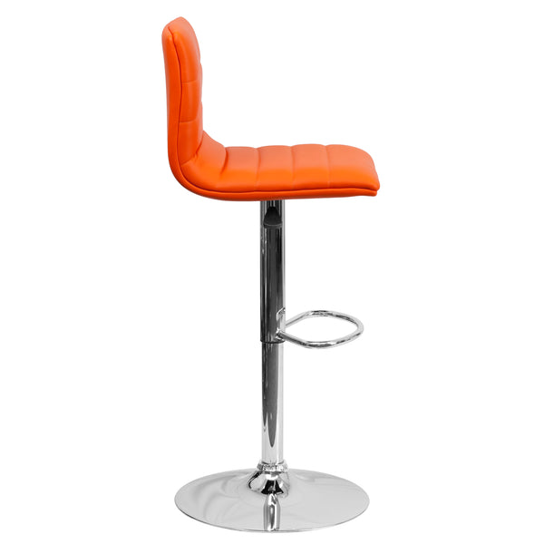 Orange Vinyl/Chrome Frame |#| Orange Vinyl Adjustable Height Barstool w/ Horizontal Stitch Back & Chrome Base