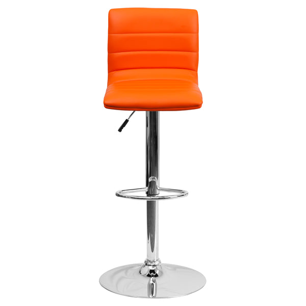 Orange Vinyl/Chrome Frame |#| Orange Vinyl Adjustable Height Barstool w/ Horizontal Stitch Back & Chrome Base