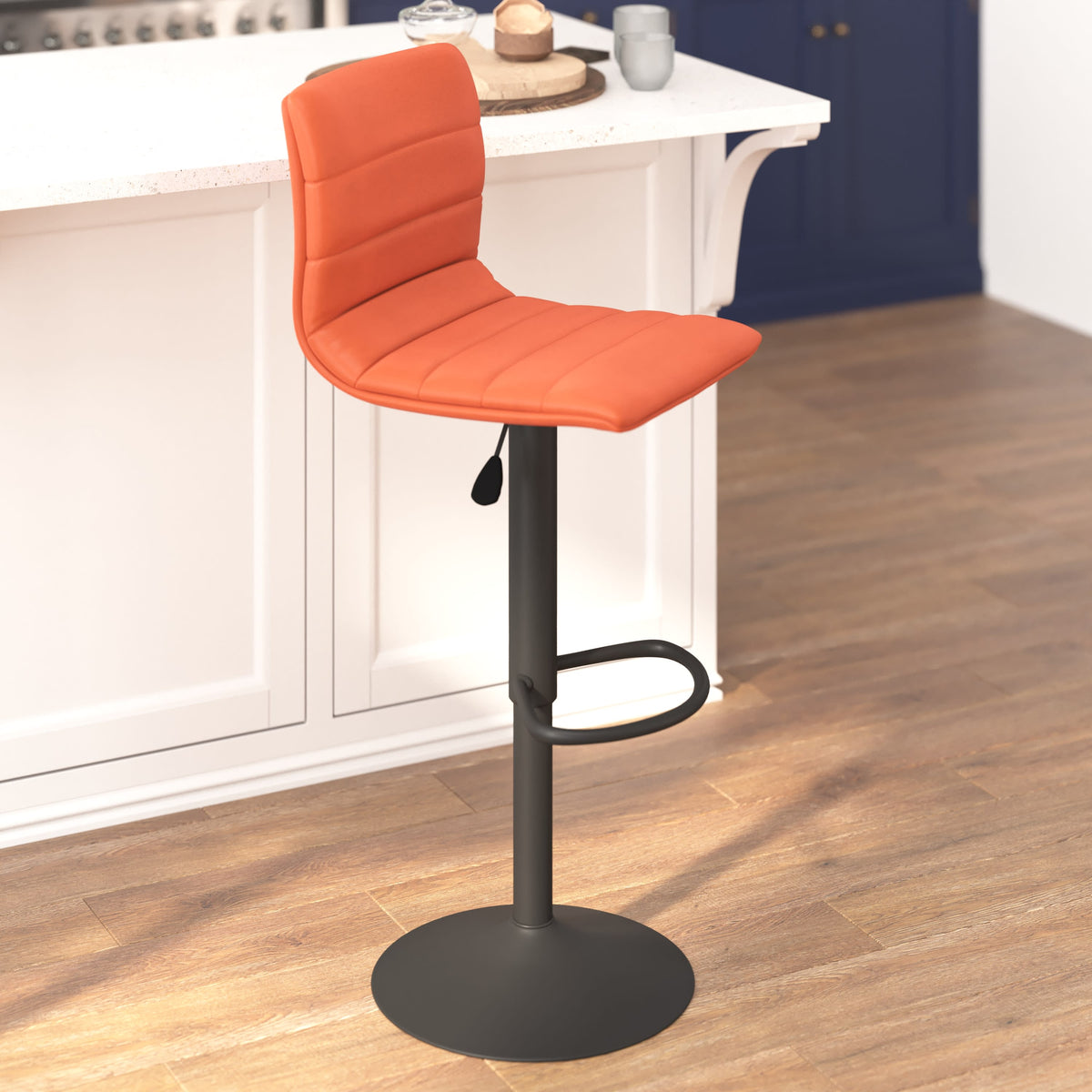 Cognac Vinyl/Black Frame |#| Cognac Vinyl Adjustable Height Barstool w/ Horizontal Stitch Back & Black Base