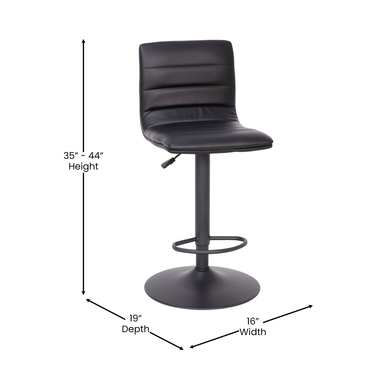 Black Vinyl/Black Frame |#| Black Vinyl Adjustable Height Barstool w/ Horizontal Stitch Back & Black Base