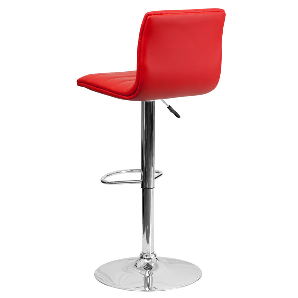 Red Vinyl/Chrome Frame |#| Red Vinyl Adjustable Height Barstool w/ Horizontal Stitch Back & Chrome Base