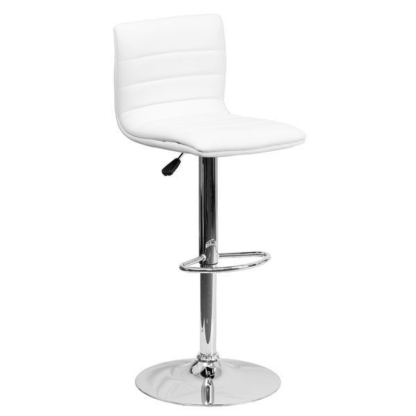 White Vinyl/Chrome Frame |#| White Vinyl Adjustable Height Barstool w/ Horizontal Stitch Back & Chrome Base