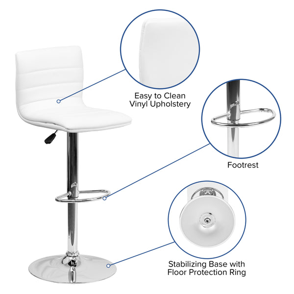 White Vinyl/Chrome Frame |#| White Vinyl Adjustable Height Barstool w/ Horizontal Stitch Back & Chrome Base