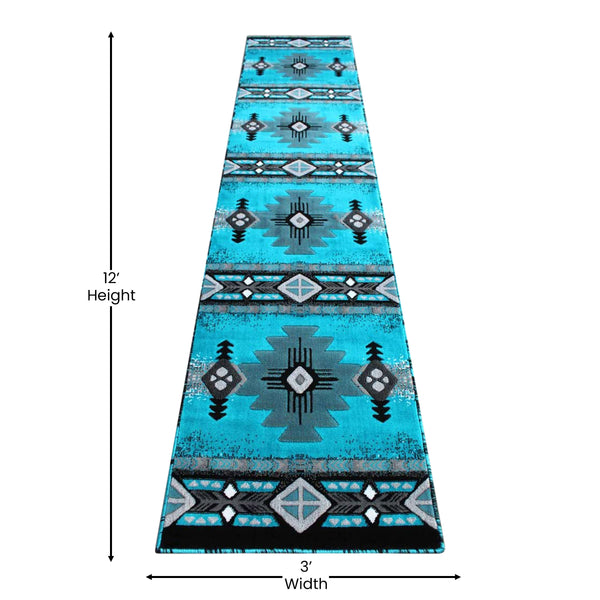 Turquoise,2' x 11' |#| Traditional Southwestern Style Turquoise Olefin Fiber Area Rug - 2' x 11'
