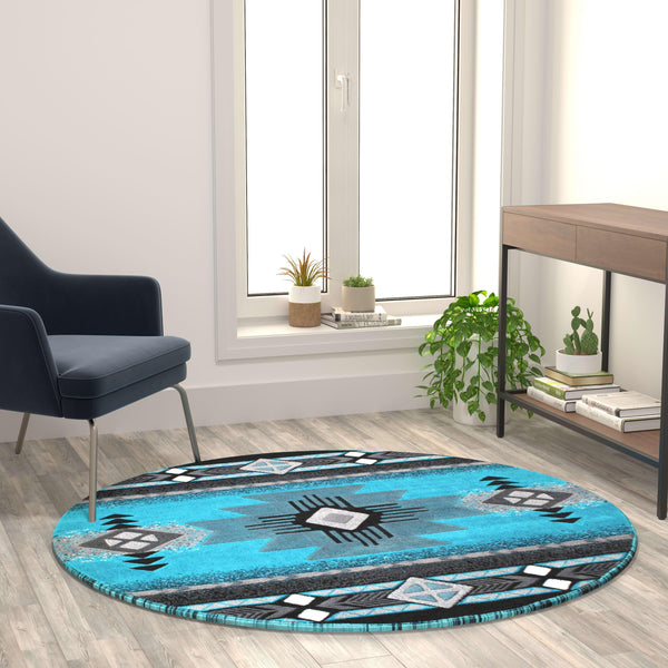 Turquoise,5' Round |#| Traditional Southwestern Style Turquoise Olefin Fiber Area Rug - 5' x 5'