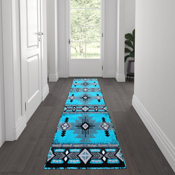 Turquoise,2' x 7' |#| Traditional Southwestern Style Turquoise Olefin Fiber Area Rug - 2' x 7'