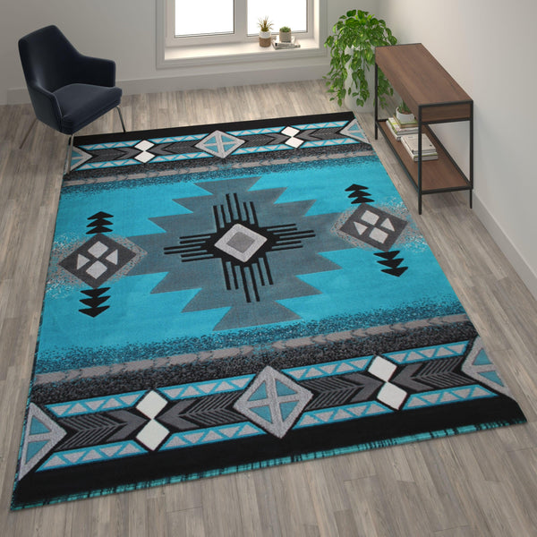 Turquoise,8' x 10' |#| Traditional Southwestern Style Turquoise Olefin Fiber Area Rug - 8' x 10'