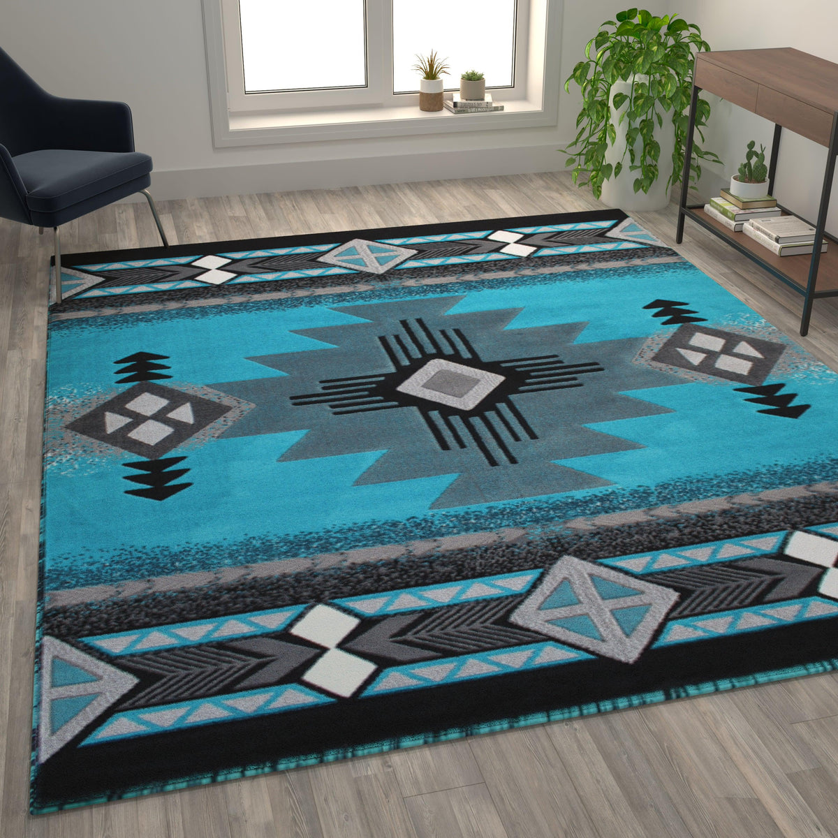 Turquoise,8' x 10' |#| Traditional Southwestern Style Turquoise Olefin Fiber Area Rug - 8' x 10'