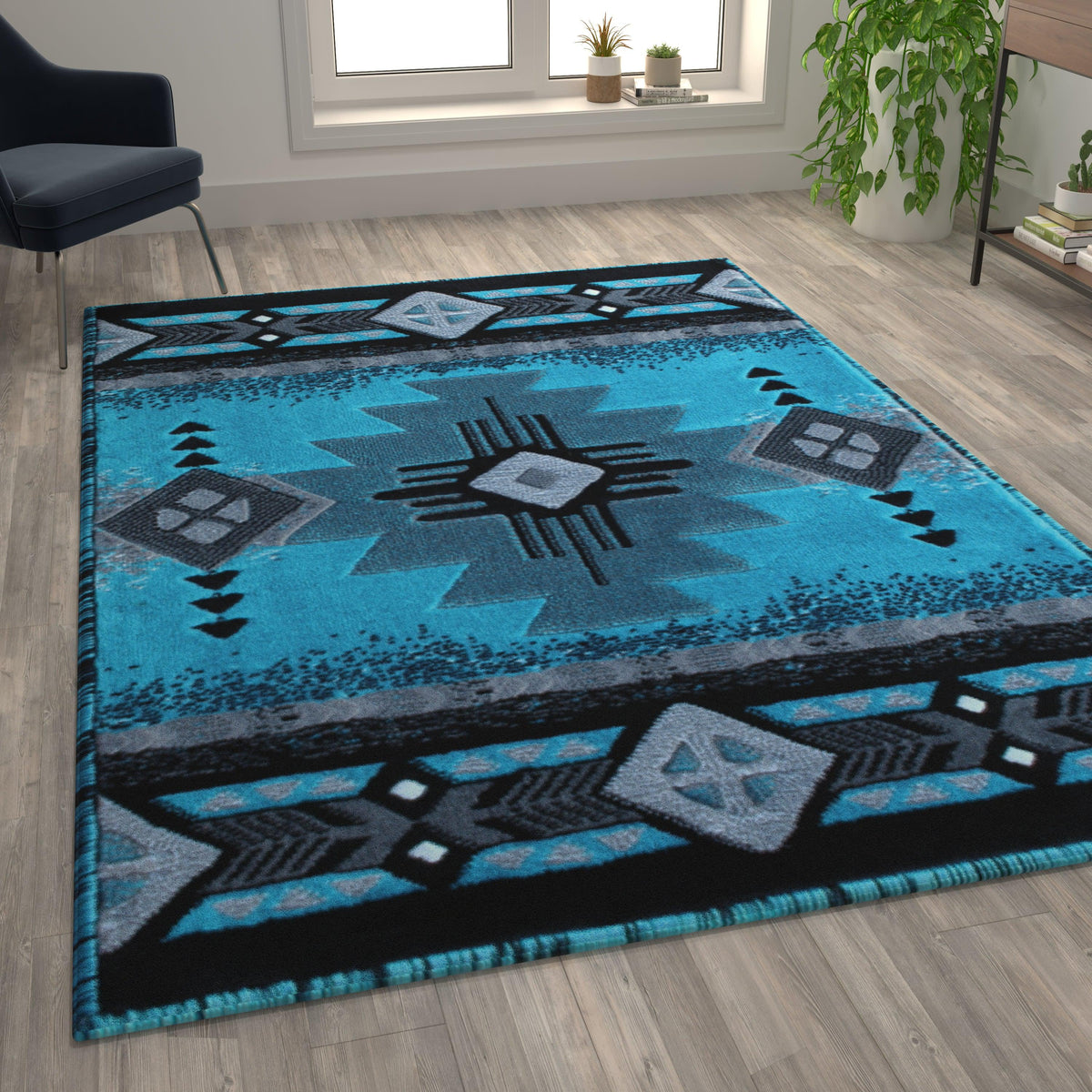 Turquoise,6' x 9' |#| Traditional Southwestern Style Turquoise Olefin Fiber Area Rug - 6' x 9'