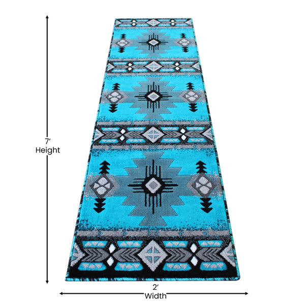 Turquoise,2' x 7' |#| Traditional Southwestern Style Turquoise Olefin Fiber Area Rug - 2' x 7'