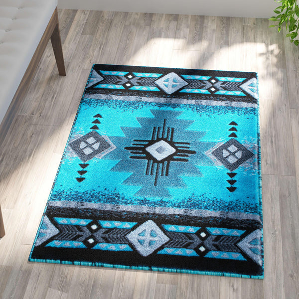 Turquoise,3' x 5' |#| Traditional Southwestern Style Turquoise Olefin Fiber Area Rug - 3' x 5'