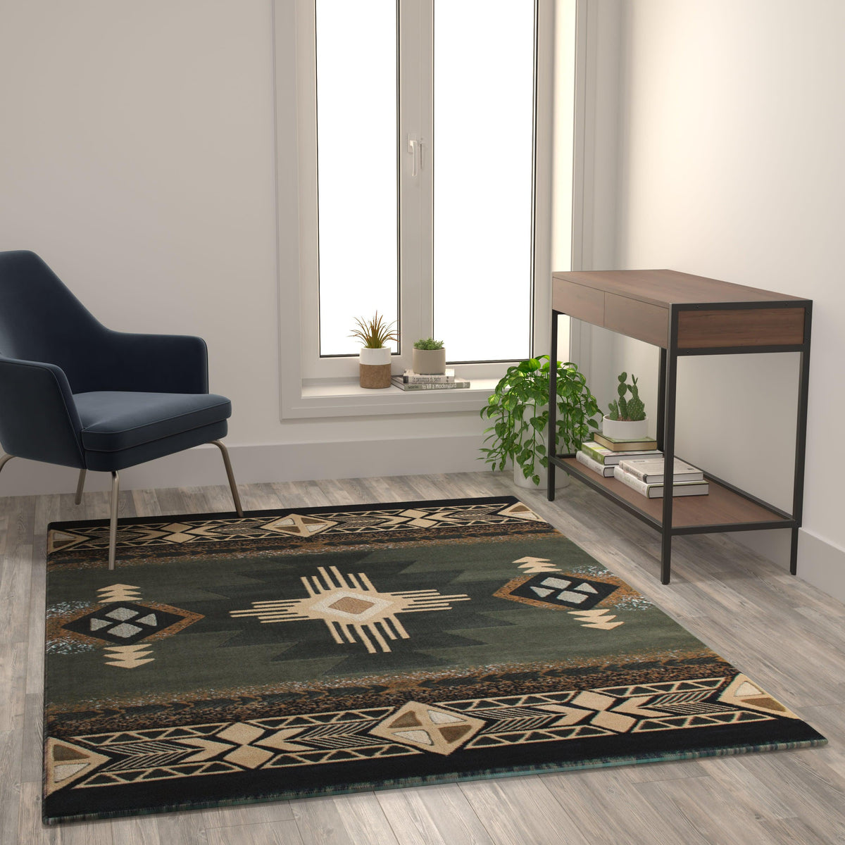 Sage,5' x 7' |#| Traditional Southwestern Style Sage Olefin Fiber Area Rug - 5' x 7'