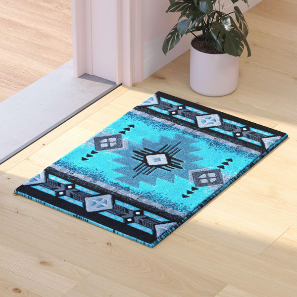 Turquoise,2' x 3' |#| Traditional Southwestern Style Turquoise Olefin Fiber Area Rug - 2' x 3'