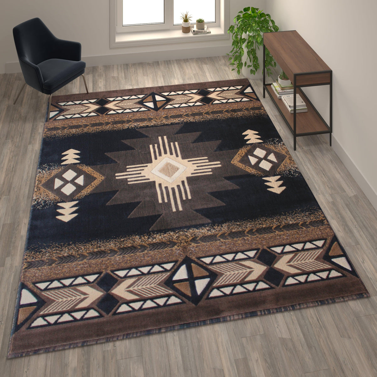 Black,8' x 10' |#| Traditional Southwestern Style Black Olefin Fiber Area Rug - 8' x 10'