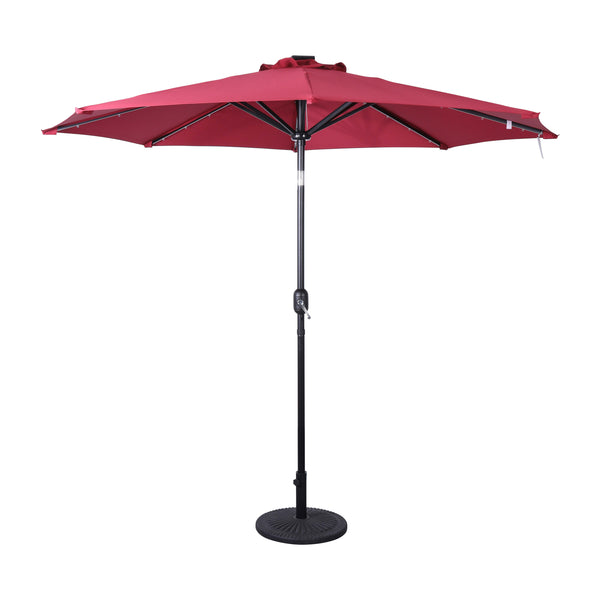 commercial grade patio umbrella base with wheels Montego Commercial Grade 9 ft Round Umbrella with 32 Solar LED Lights and Crank and Tilt Functionality in Tan