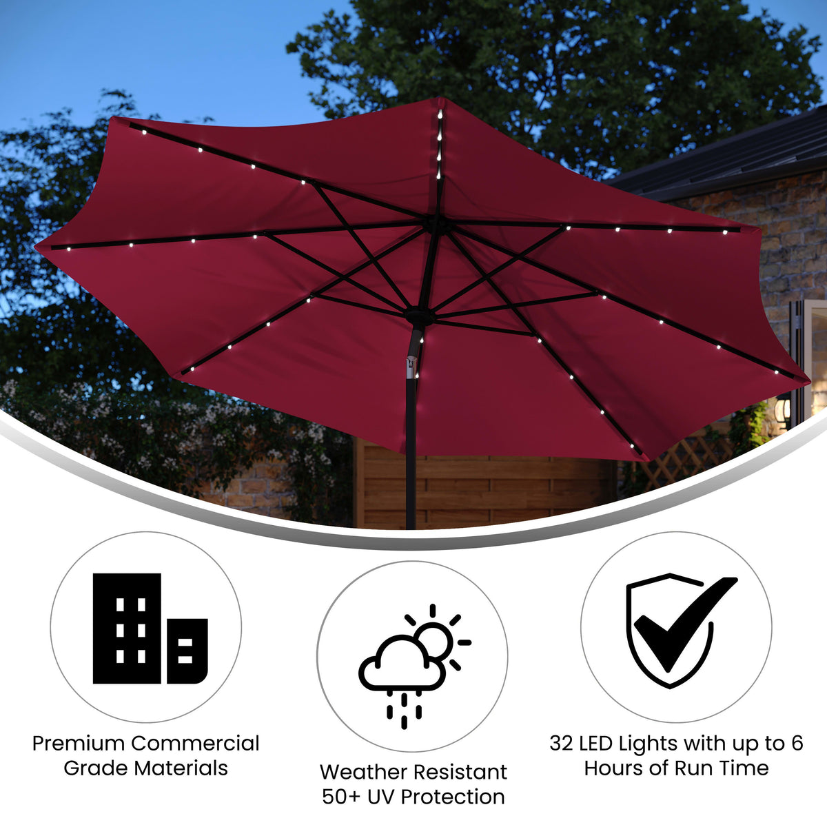 Red |#| Commercial 9 FT 32 LED Light Solar Umbrella with Crank and Tilt Function in Red