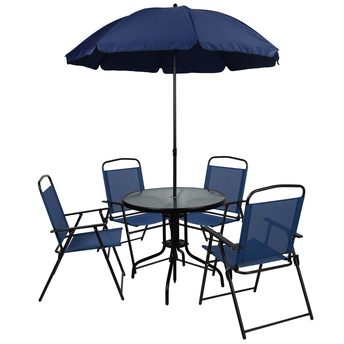 Navy |#| 6 Piece Navy Patio Garden Set with Umbrella Table and Set of 4 Folding Chairs