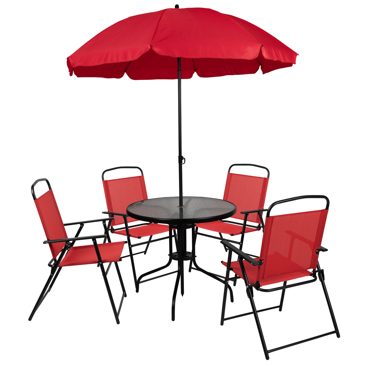 Red |#| 6 Piece Red Patio Garden Set with Umbrella Table and Set of 4 Folding Chairs