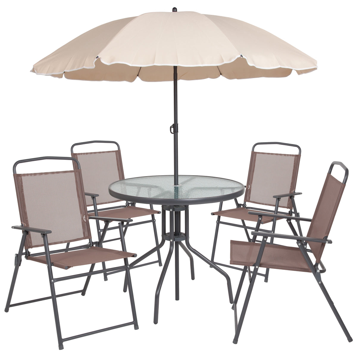 Brown |#| 6 Piece Brown Patio Garden Set with Umbrella Table and Set of 4 Folding Chairs