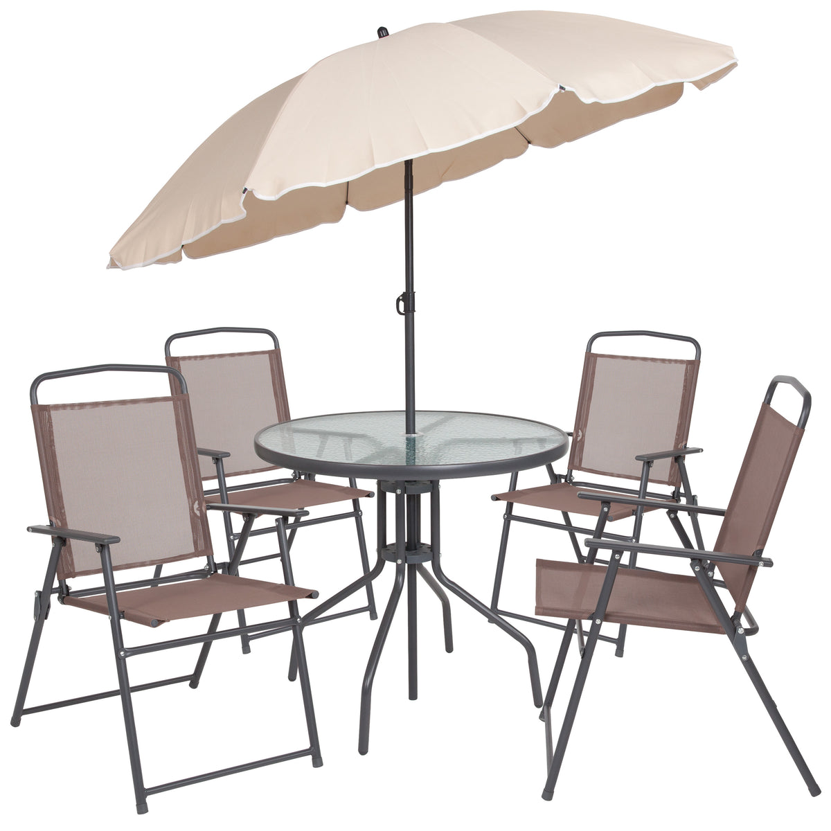 Brown |#| 6 Piece Brown Patio Garden Set with Umbrella Table and Set of 4 Folding Chairs