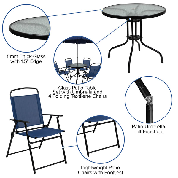 Navy |#| 6 Piece Navy Patio Garden Set with Umbrella Table and Set of 4 Folding Chairs