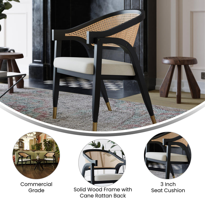 Naomi Commercial Cane Rattan Dining and Accent Chair with Solid Wood Frame Featuring Metallic Tipped Legs and Padded Seat
