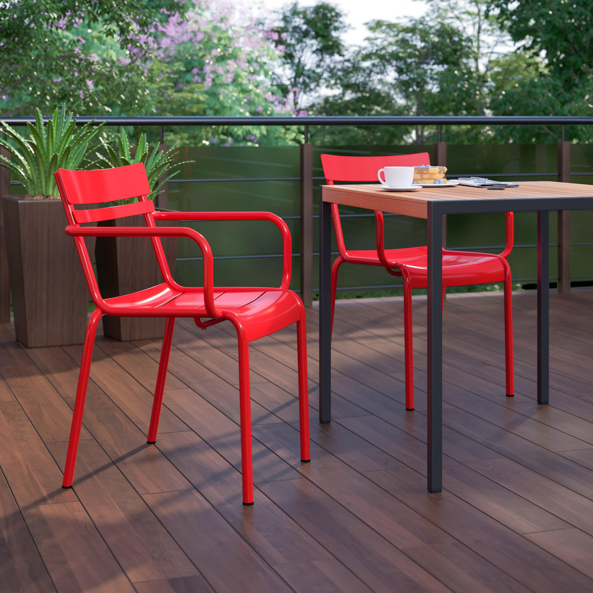 Red |#| Modern Commercial Grade 2 Slat Indoor/Outdoor Steel Chair in Red