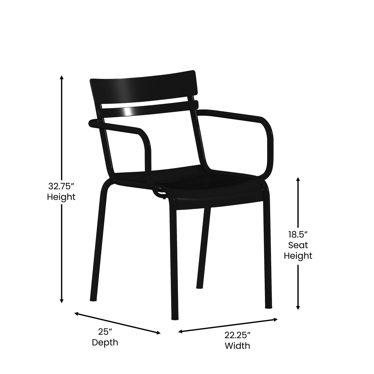 Black |#| Modern Commercial Grade 2 Slat Indoor/Outdoor Steel Chair in Black