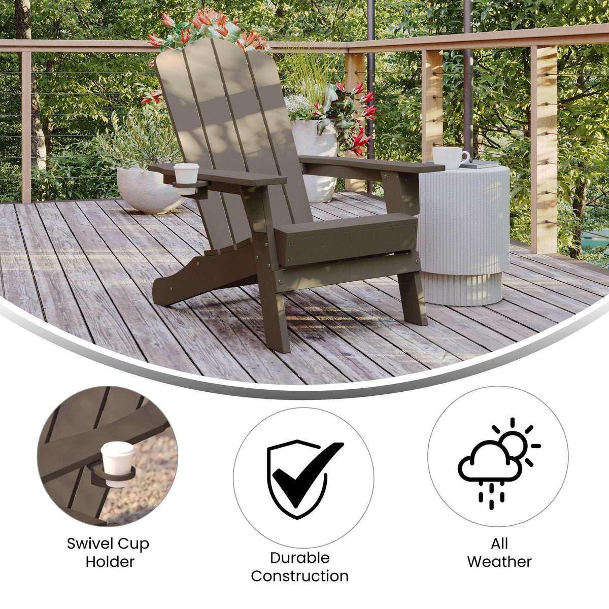 Brown |#| Commercial Grade All-Weather Adirondack Chair with Swiveling Cupholder - Brown