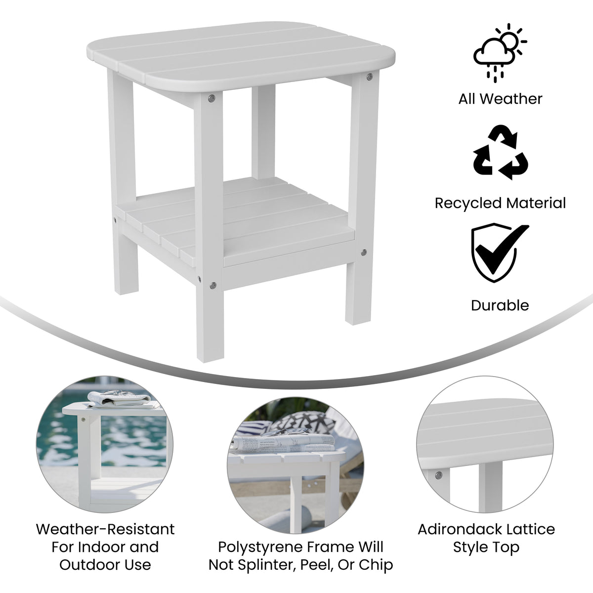 White |#| Commercial Grade All-Weather Adirondack Style Patio Side Table in White