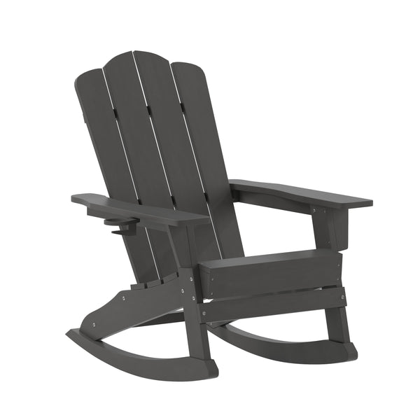 Gray |#| Commercial All-Weather Rocking Adirondack Chair with Swiveling Cupholder - Gray