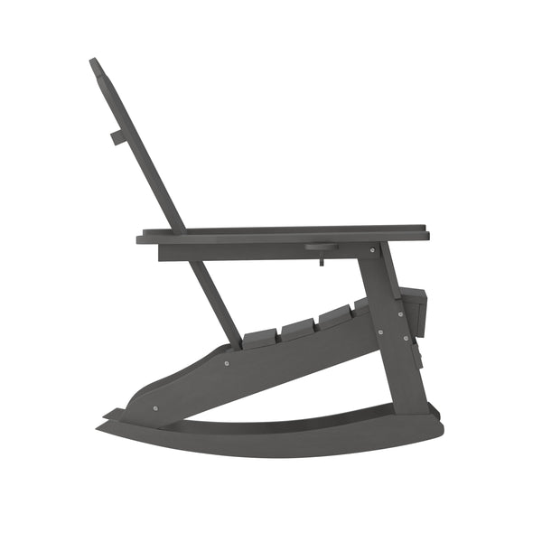 Gray |#| Commercial All-Weather Rocking Adirondack Chair with Swiveling Cupholder - Gray