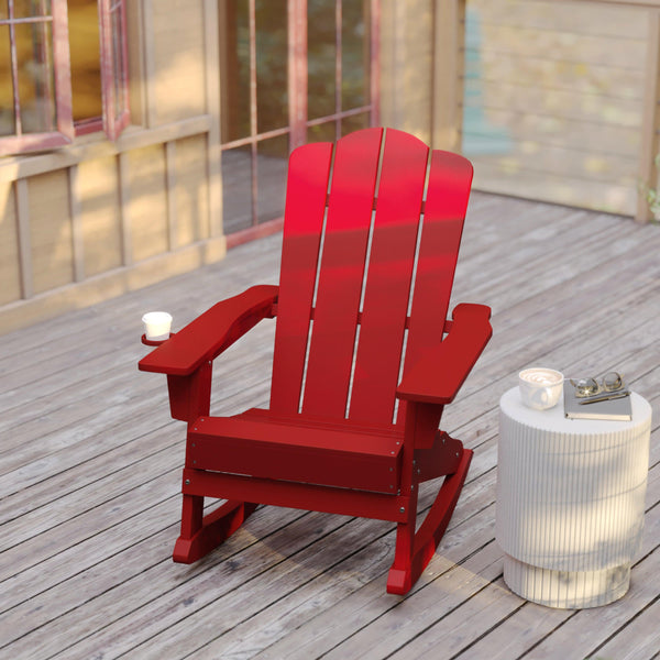 Red |#| Commercial All-Weather Rocking Adirondack Chair with Swiveling Cupholder - Red