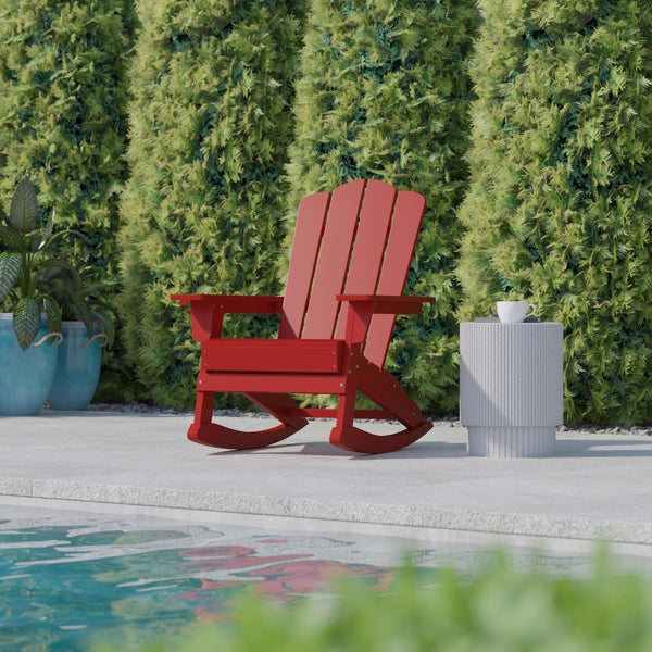Red |#| Commercial All-Weather Rocking Adirondack Chair with Swiveling Cupholder - Red