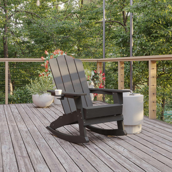 Gray |#| Commercial All-Weather Rocking Adirondack Chair with Swiveling Cupholder - Gray