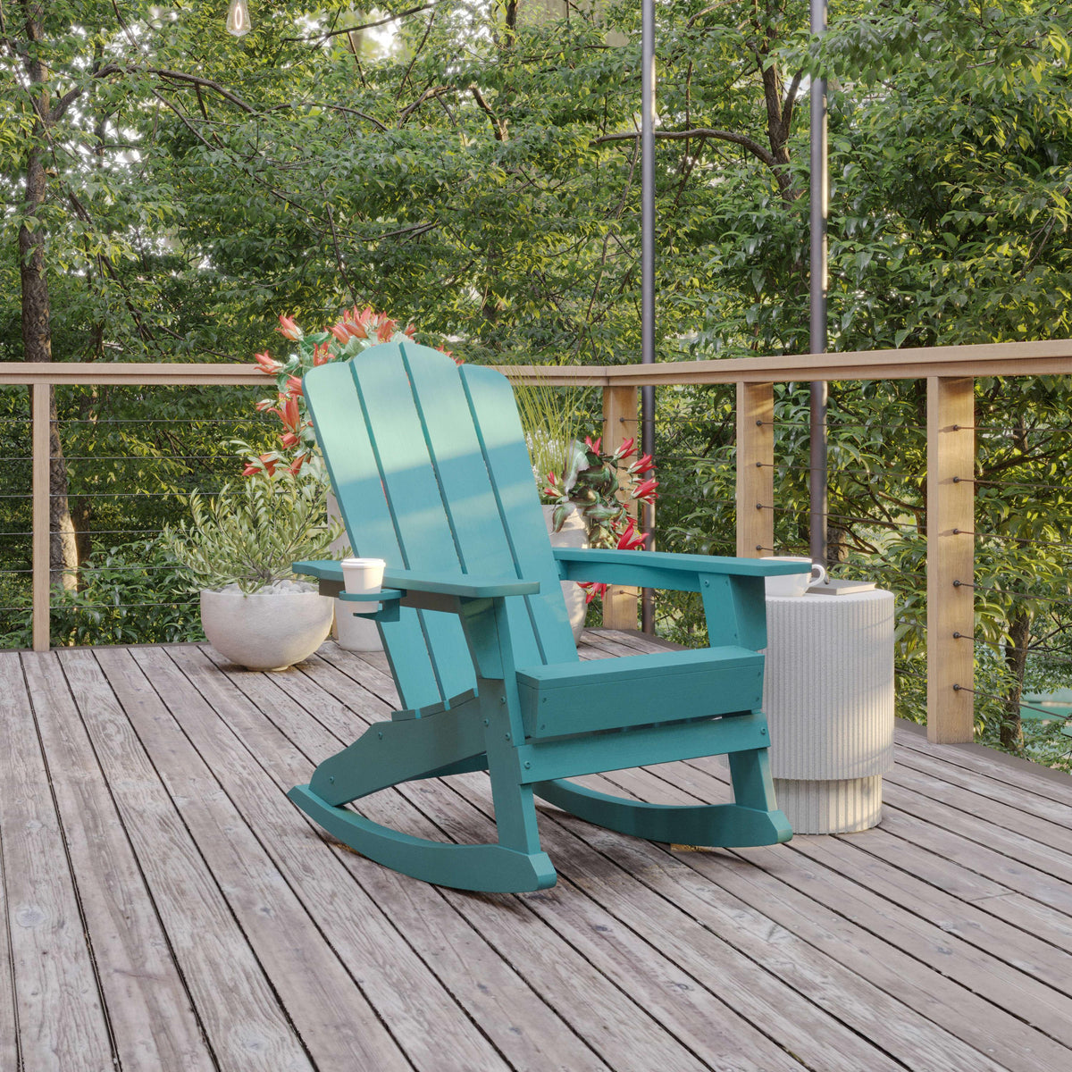 Blue |#| Commercial All-Weather Rocking Adirondack Chair with Swiveling Cupholder - Blue