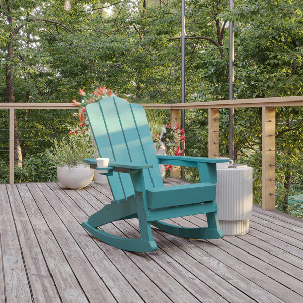 Blue |#| Commercial All-Weather Rocking Adirondack Chair with Swiveling Cupholder - Blue