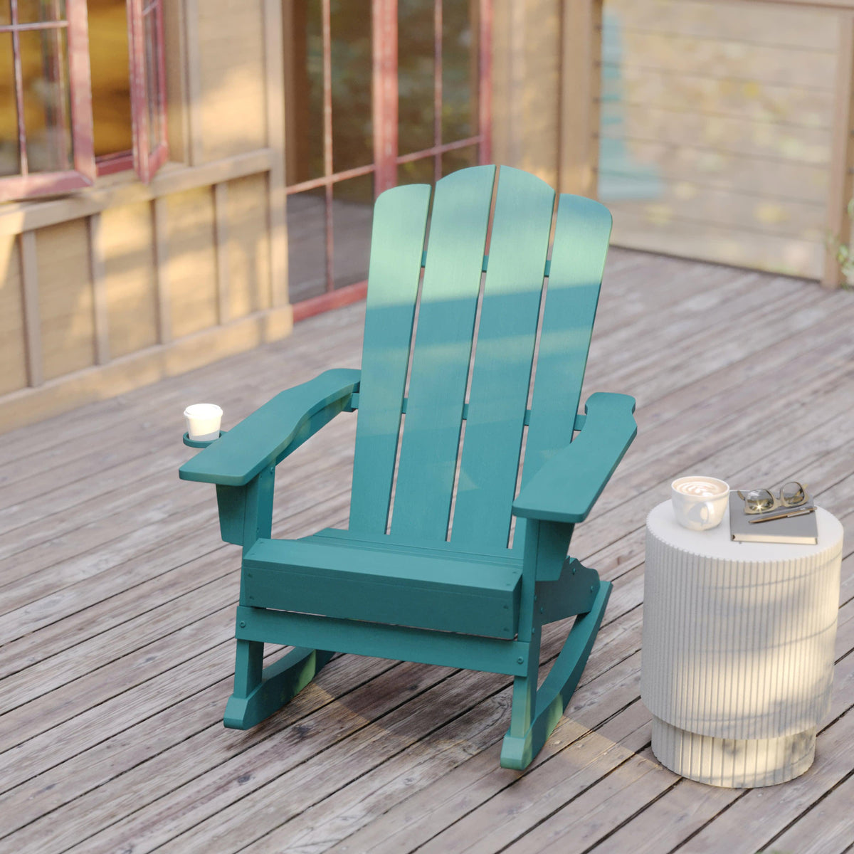 Blue |#| Commercial All-Weather Rocking Adirondack Chair with Swiveling Cupholder - Blue