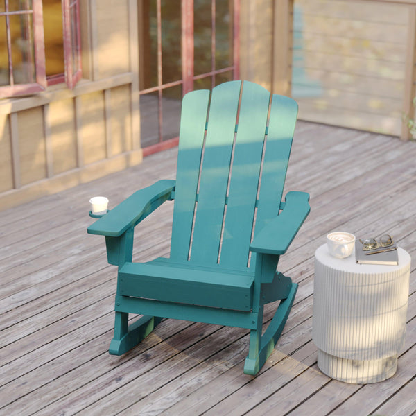 Blue |#| Commercial All-Weather Rocking Adirondack Chair with Swiveling Cupholder - Blue