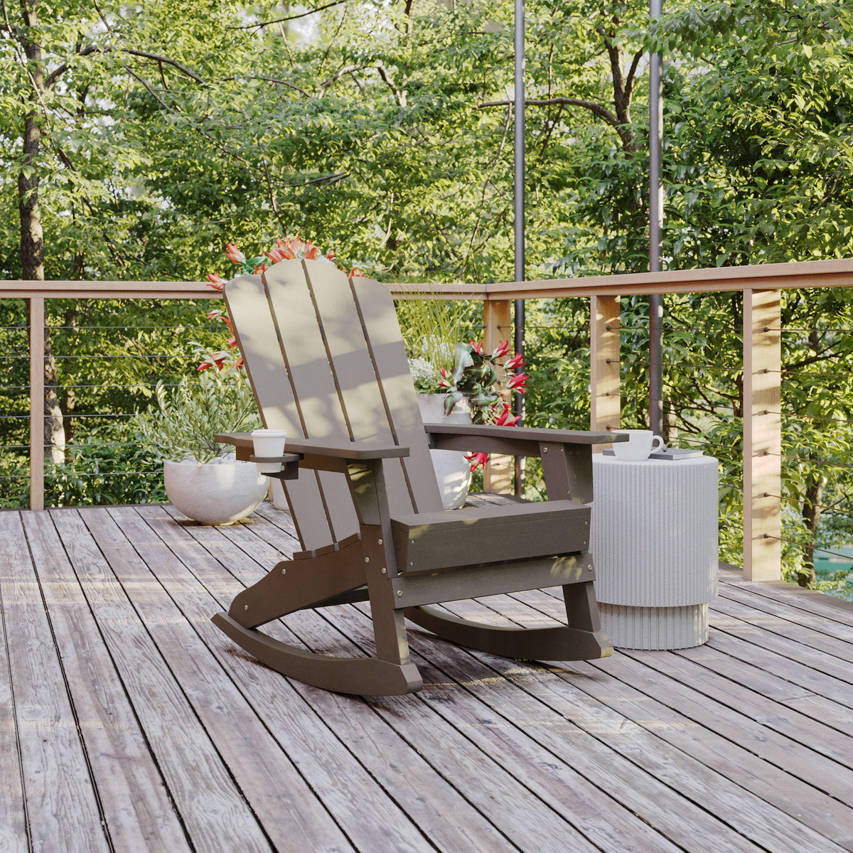 Brown |#| Commercial All-Weather Rocking Adirondack Chair with Swiveling Cupholder - Brown