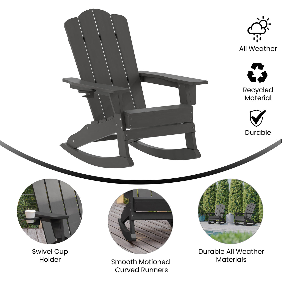 Gray |#| Commercial All-Weather Rocking Adirondack Chair with Swiveling Cupholder - Gray