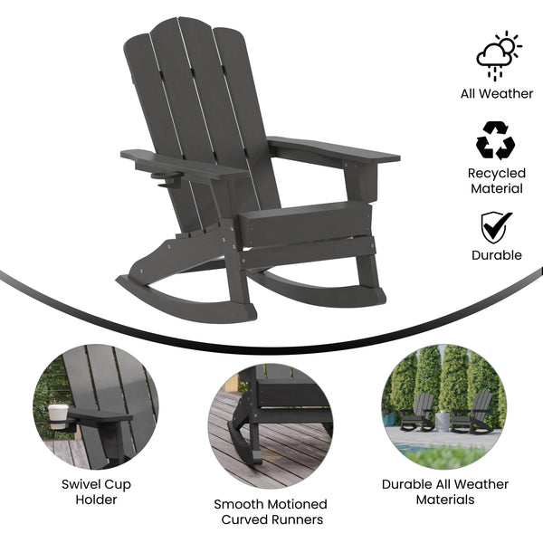Gray |#| Commercial All-Weather Rocking Adirondack Chair with Swiveling Cupholder - Gray