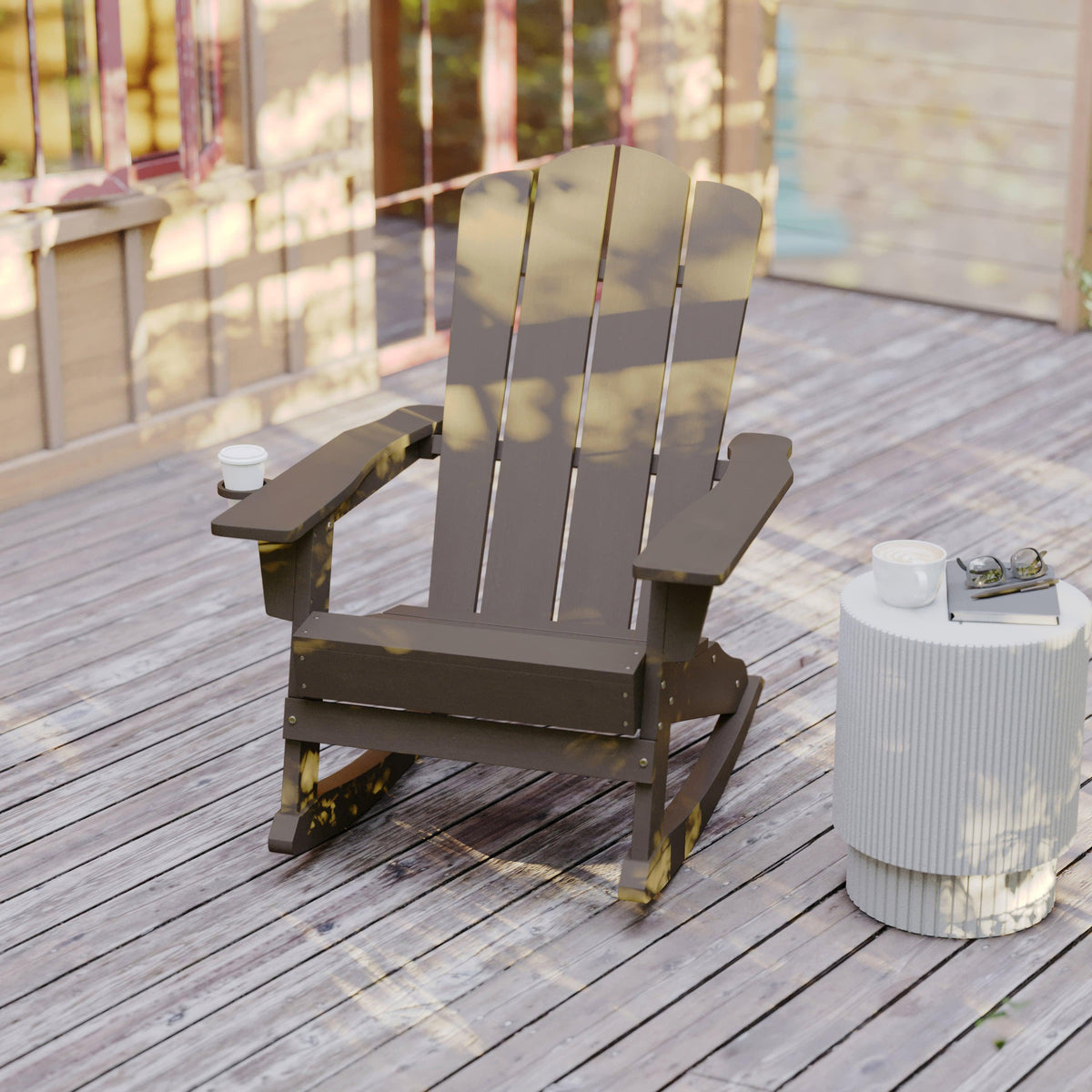 Brown |#| Commercial All-Weather Rocking Adirondack Chair with Swiveling Cupholder - Brown