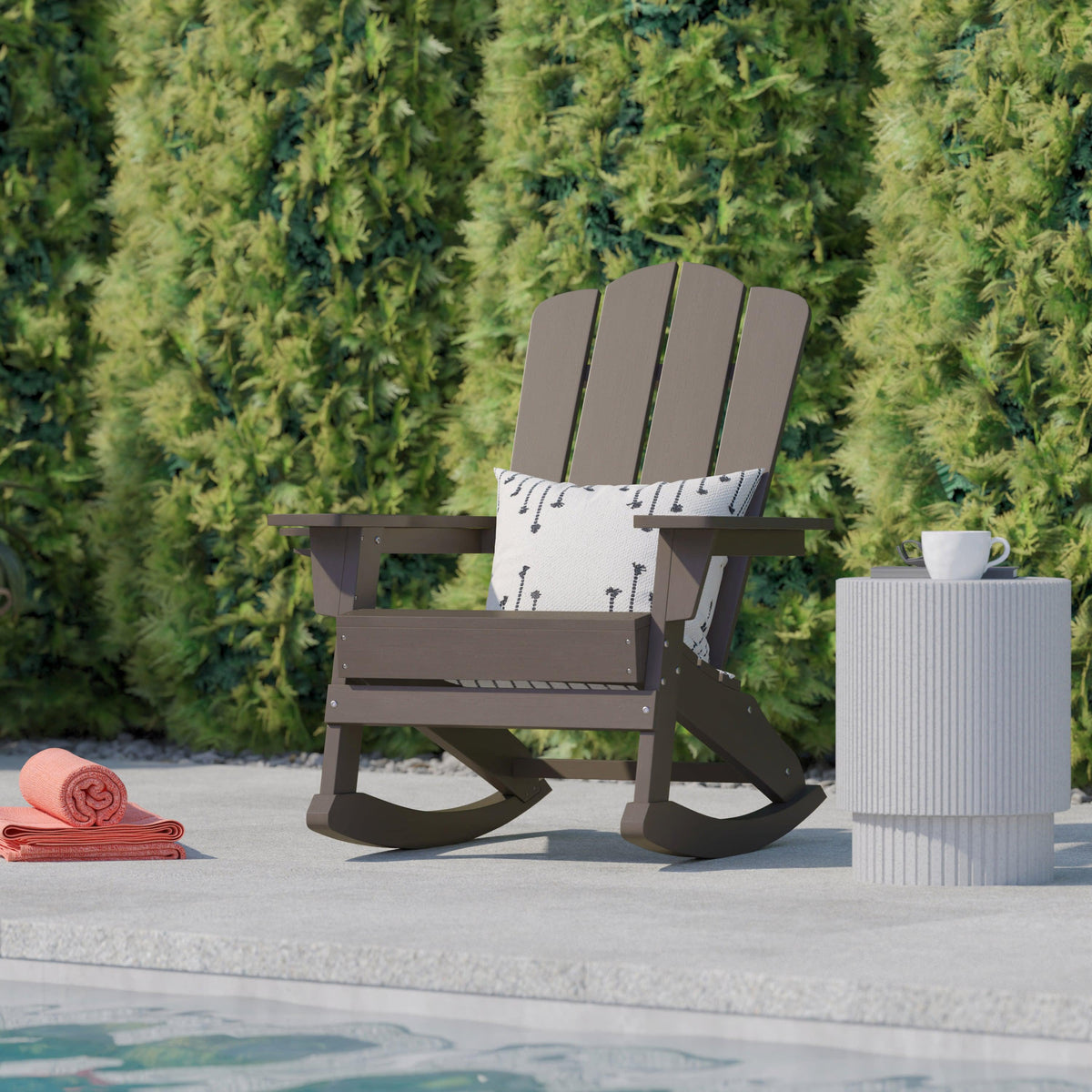 Brown |#| Commercial All-Weather Rocking Adirondack Chair with Swiveling Cupholder - Brown