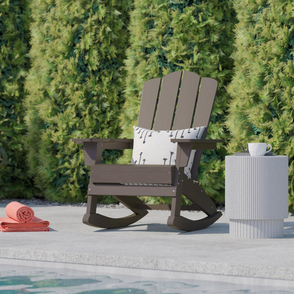 Brown |#| Commercial All-Weather Rocking Adirondack Chair with Swiveling Cupholder - Brown