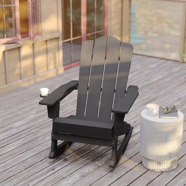 Gray |#| Commercial All-Weather Rocking Adirondack Chair with Swiveling Cupholder - Gray