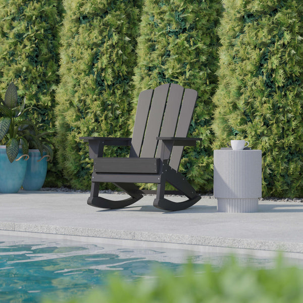 Gray |#| Commercial All-Weather Rocking Adirondack Chair with Swiveling Cupholder - Gray