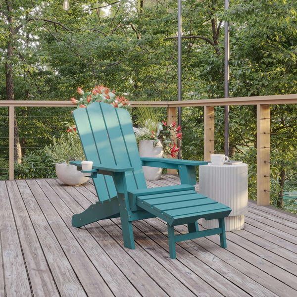 Blue |#| Commercial All-Weather Adirondack Chair with Pullout Ottoman & Cupholder - Blue