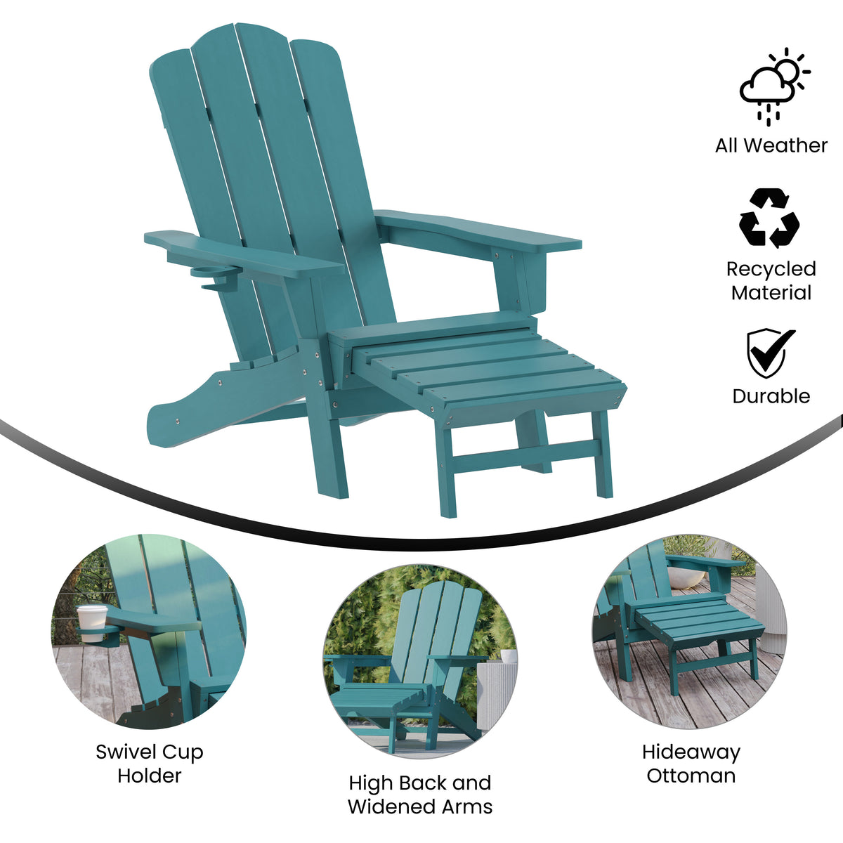 Blue |#| Commercial All-Weather Adirondack Chair with Pullout Ottoman & Cupholder - Blue