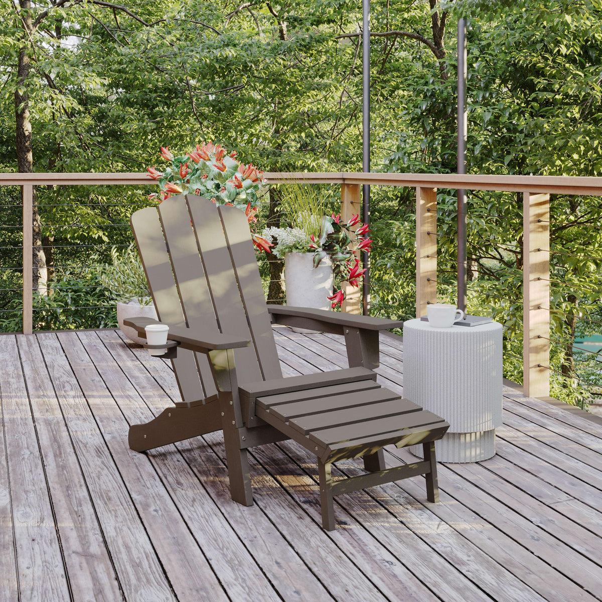 Brown |#| Commercial All-Weather Adirondack Chair with Pullout Ottoman & Cupholder - Brown